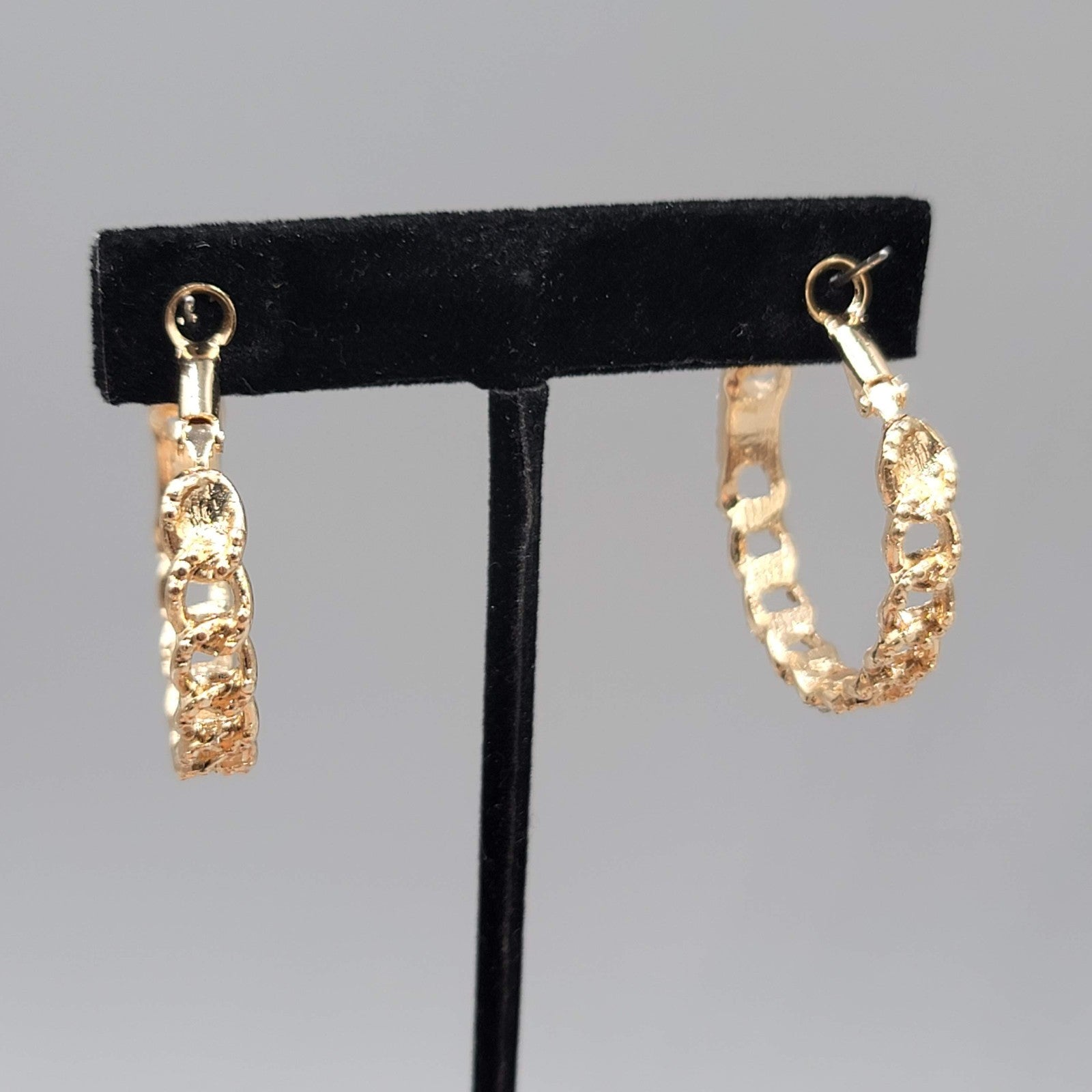 Rhinestone Chain Hoops Pierced Earrings Gold tone 1.25 in