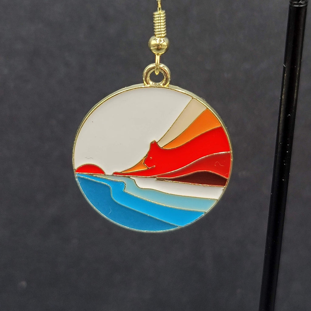 Kitty Cat Rising Sun Pierced Earrings Japanese Style Art Gold tone Dangle 1"
