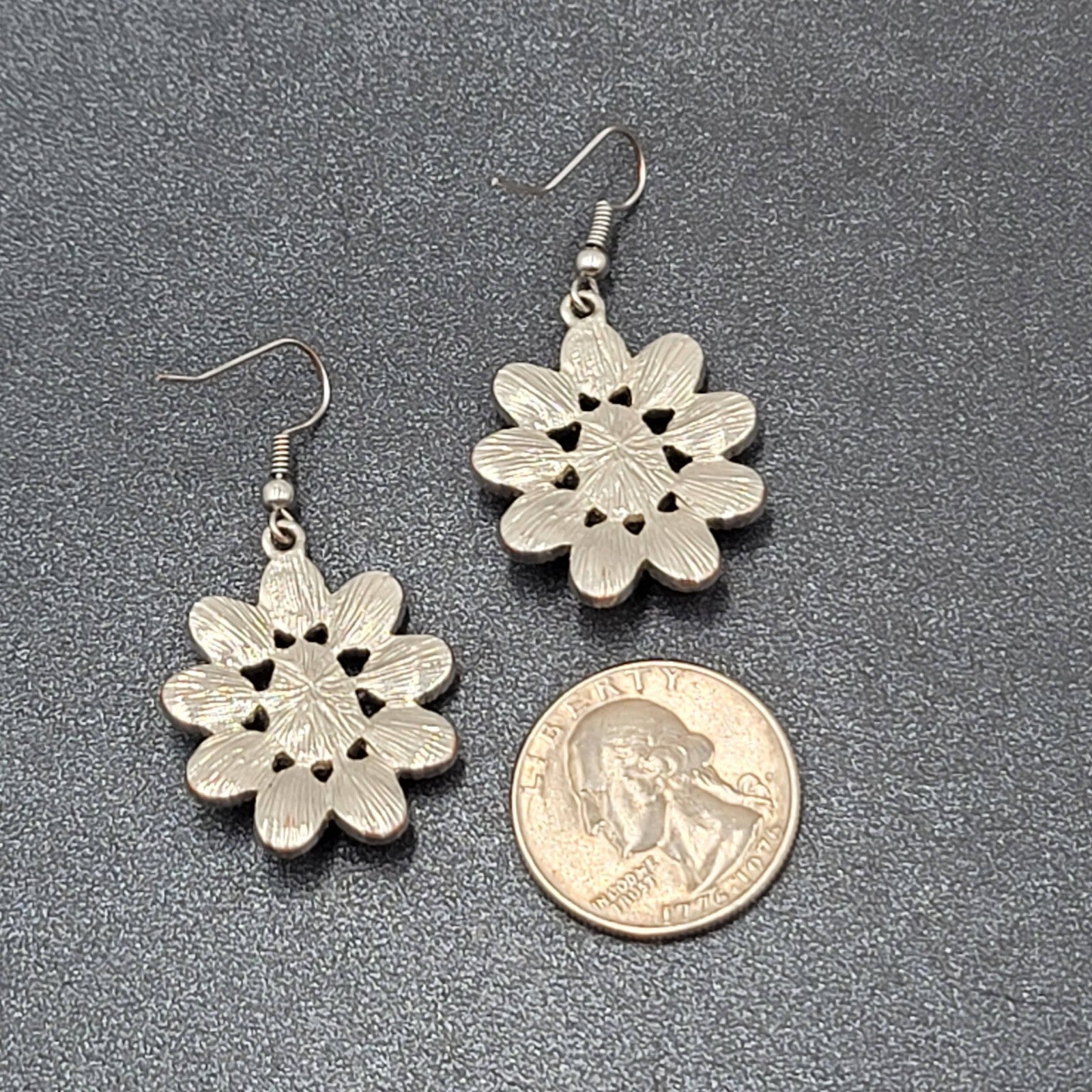Pierced Earrings Silver tone Red Acrylic Accents 1 1/8"