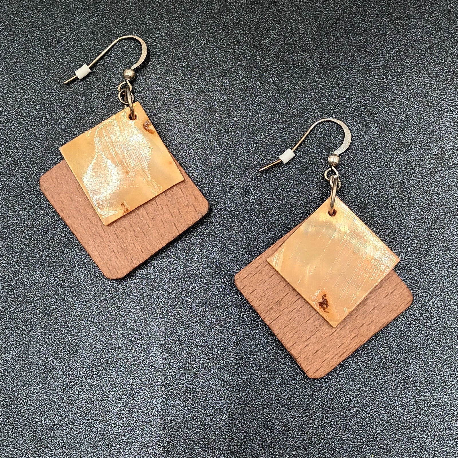 Pierced Earrings Wood Shell Square Geometric Silver tone Hook Dangle 1 3/4"
