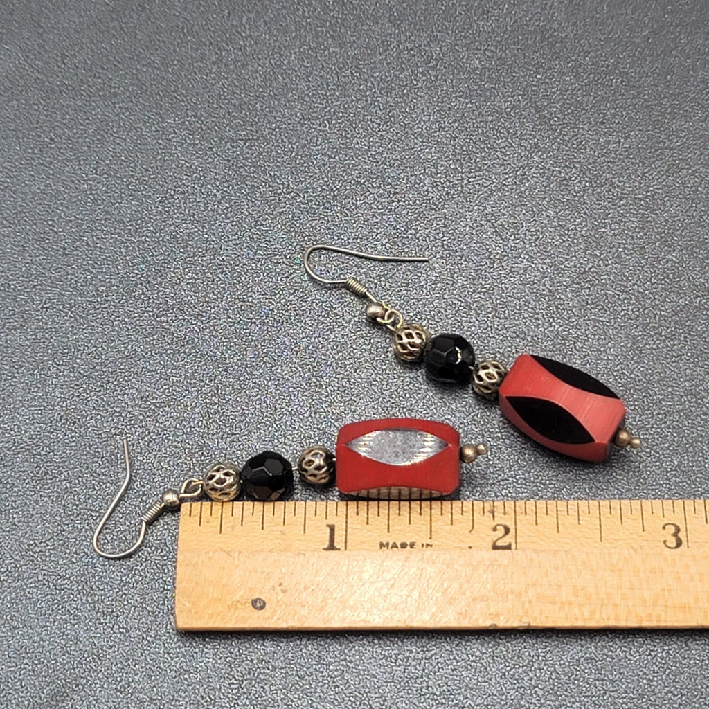 Vintage Pierced Earrings Silver tone Red Black Bead Dangle 1.75"