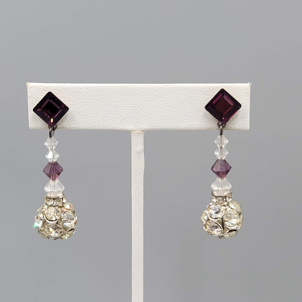 Vintage Purple Rhinestone Pierced Earrings Silver tone Bead Dangle  1.75"