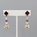 Vintage Purple Rhinestone Pierced Earrings Silver tone Bead Dangle  1.75"