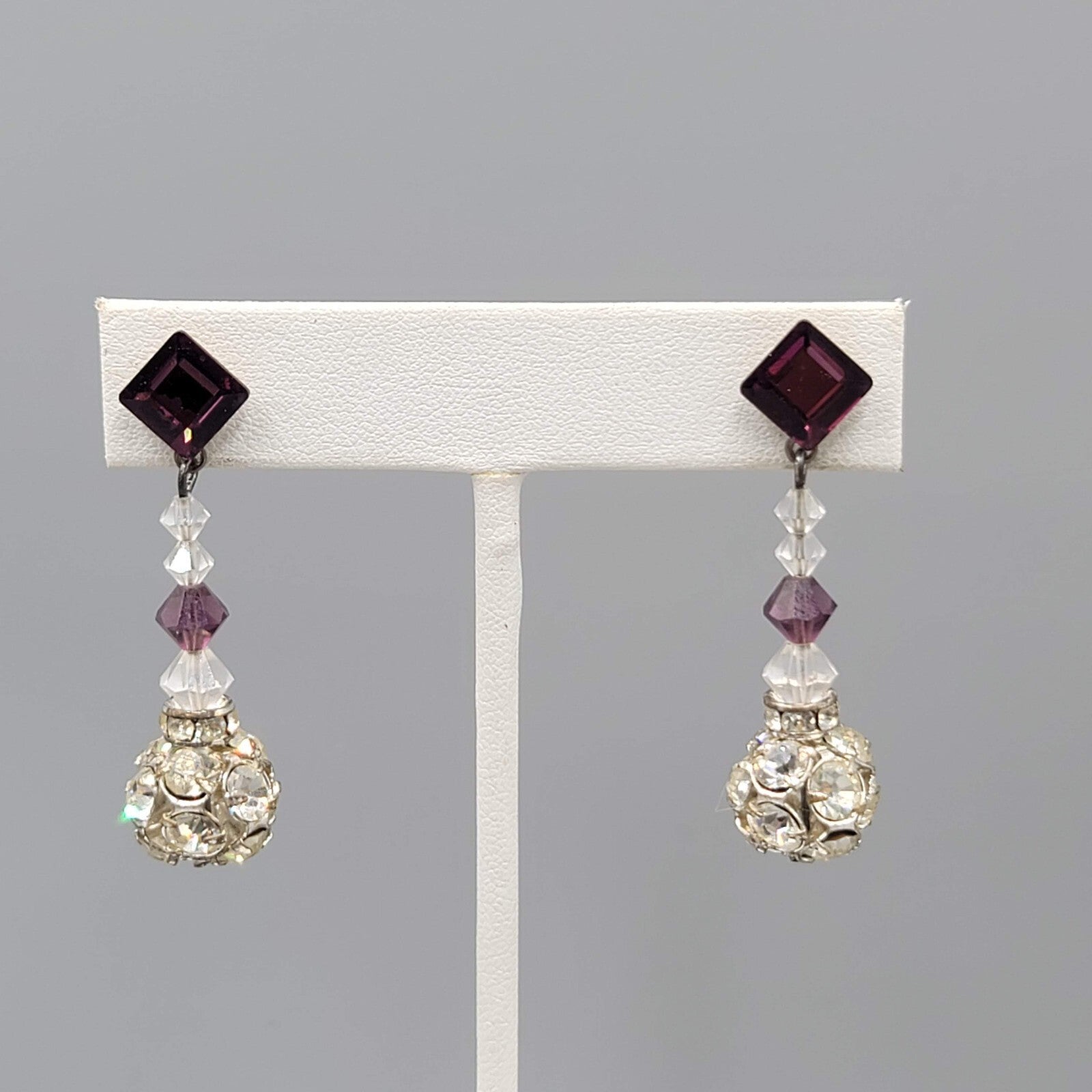 Vintage Purple Rhinestone Pierced Earrings Silver tone Bead Dangle  1.75"