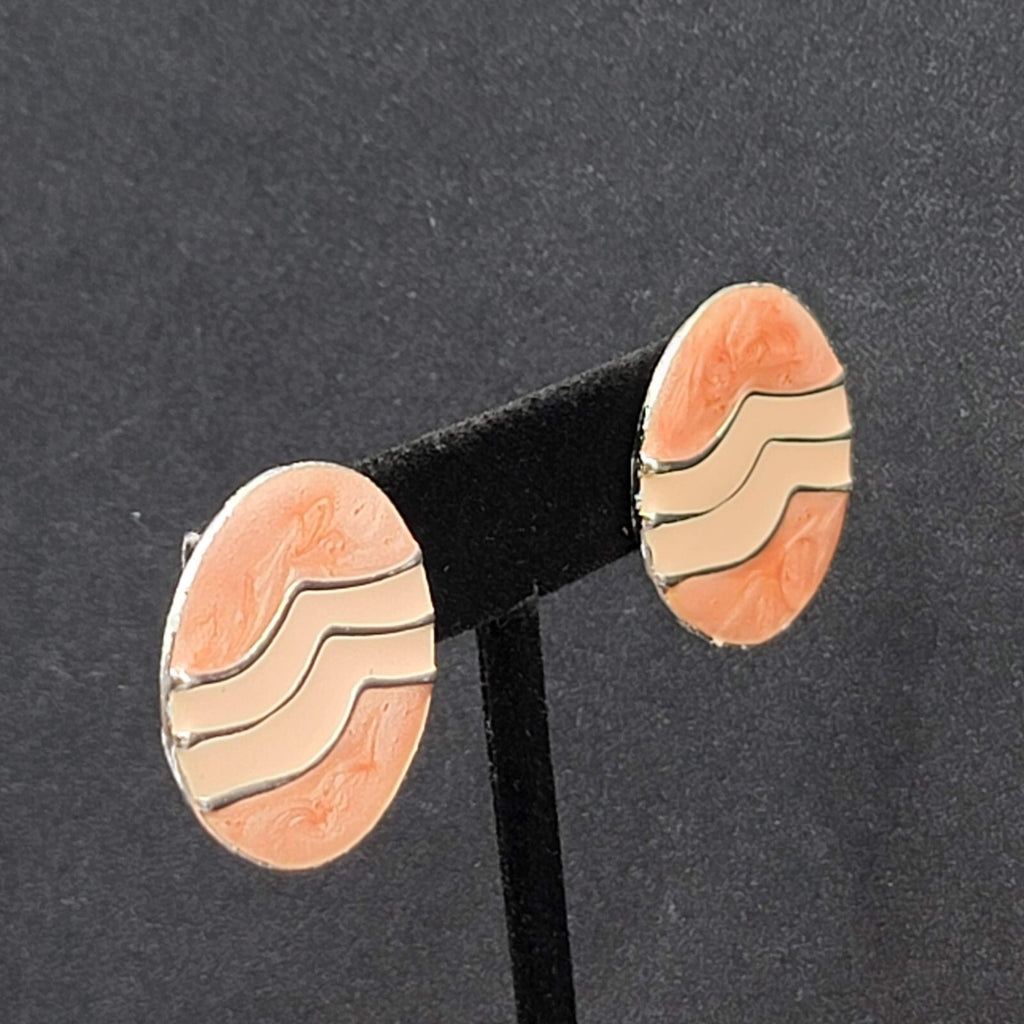 Vintage Pierced Earrings Silver tone Round Pink Swirl Enamel Drop 1"