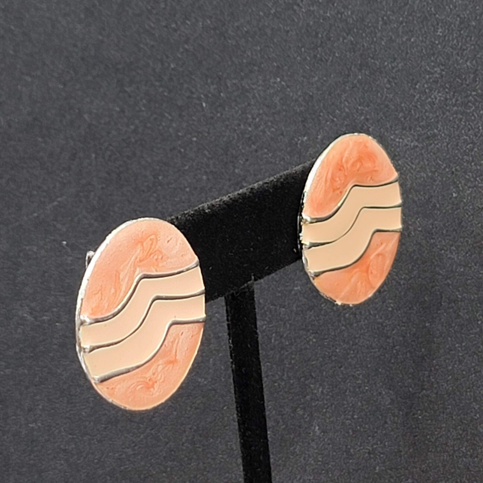 Vintage Pierced Earrings Silver tone Round Pink Swirl Enamel Drop 1"