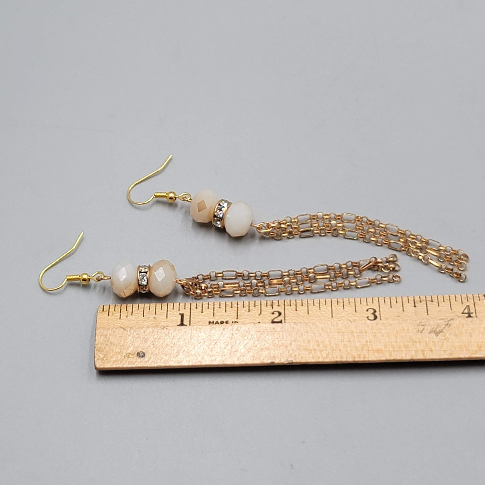 Gold tone Dangle Chains Pierced Earrings Ombre Faceted Glass Beads 3"