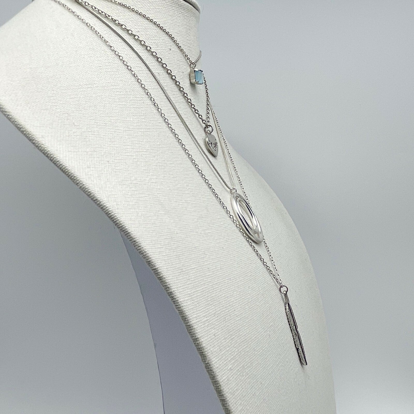 Lot of 4 Silver tone Chain Pendant Necklaces Feather Friends Blue Stone Circles