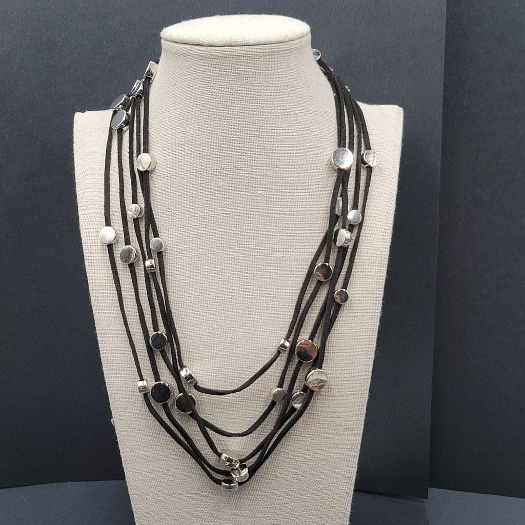 Black Cord Silver Disc Accents Necklace Layered 5 Multi Strand 18"-21"
