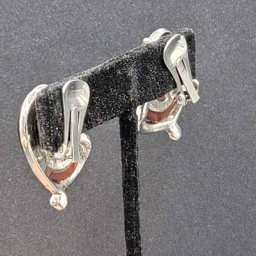 Vintage Clip on Earrings Silver tone Brown Oval Cabochon Acrylic Drop 1 1/8"