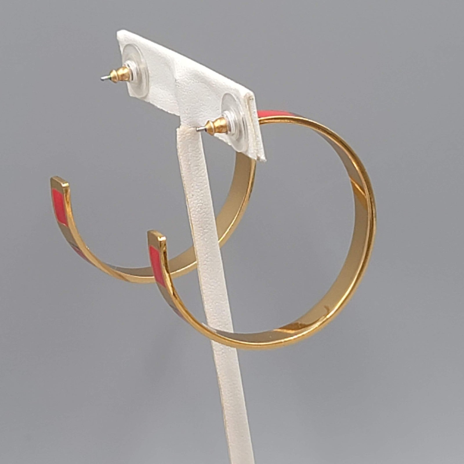 J Crew Hoop Pierced Earrings Red Enamel Gold tone 1.75"