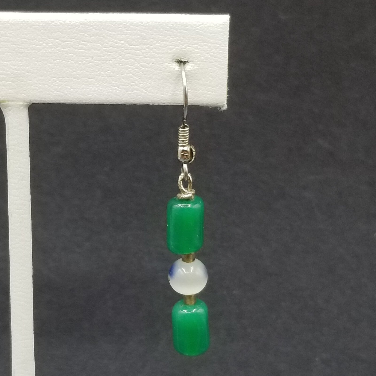 Pierced Earrings Silver tone Green Stone White Cats Eye Beaded Dangle 1"