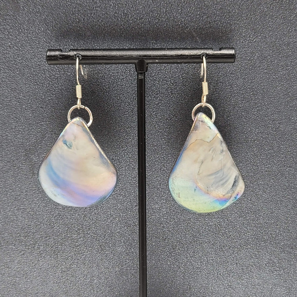 Real Seashell Pierced Earrings Blue Iridescent Sheen Dangle 1 3/8"