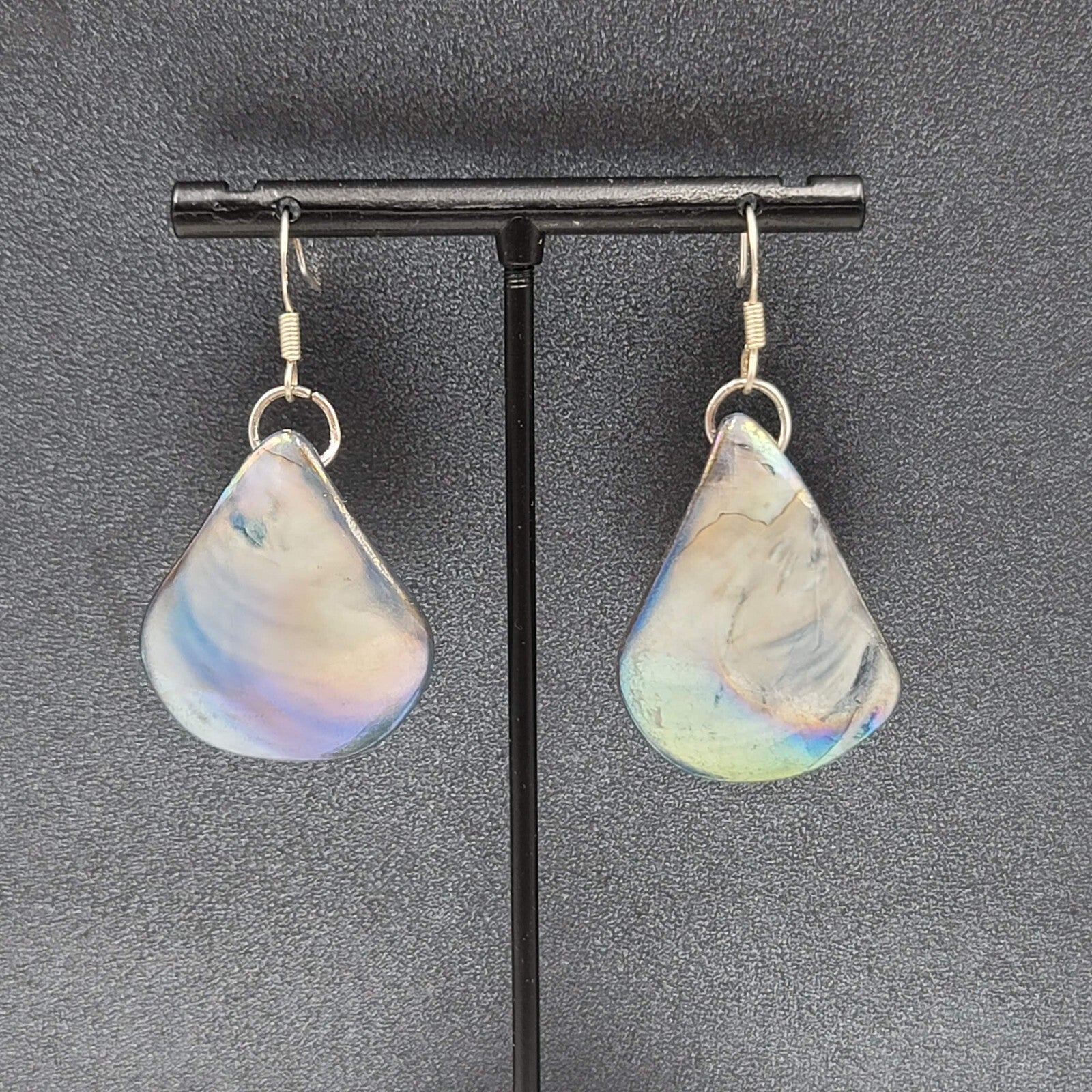 Real Seashell Pierced Earrings Blue Iridescent Sheen Dangle 1 3/8"