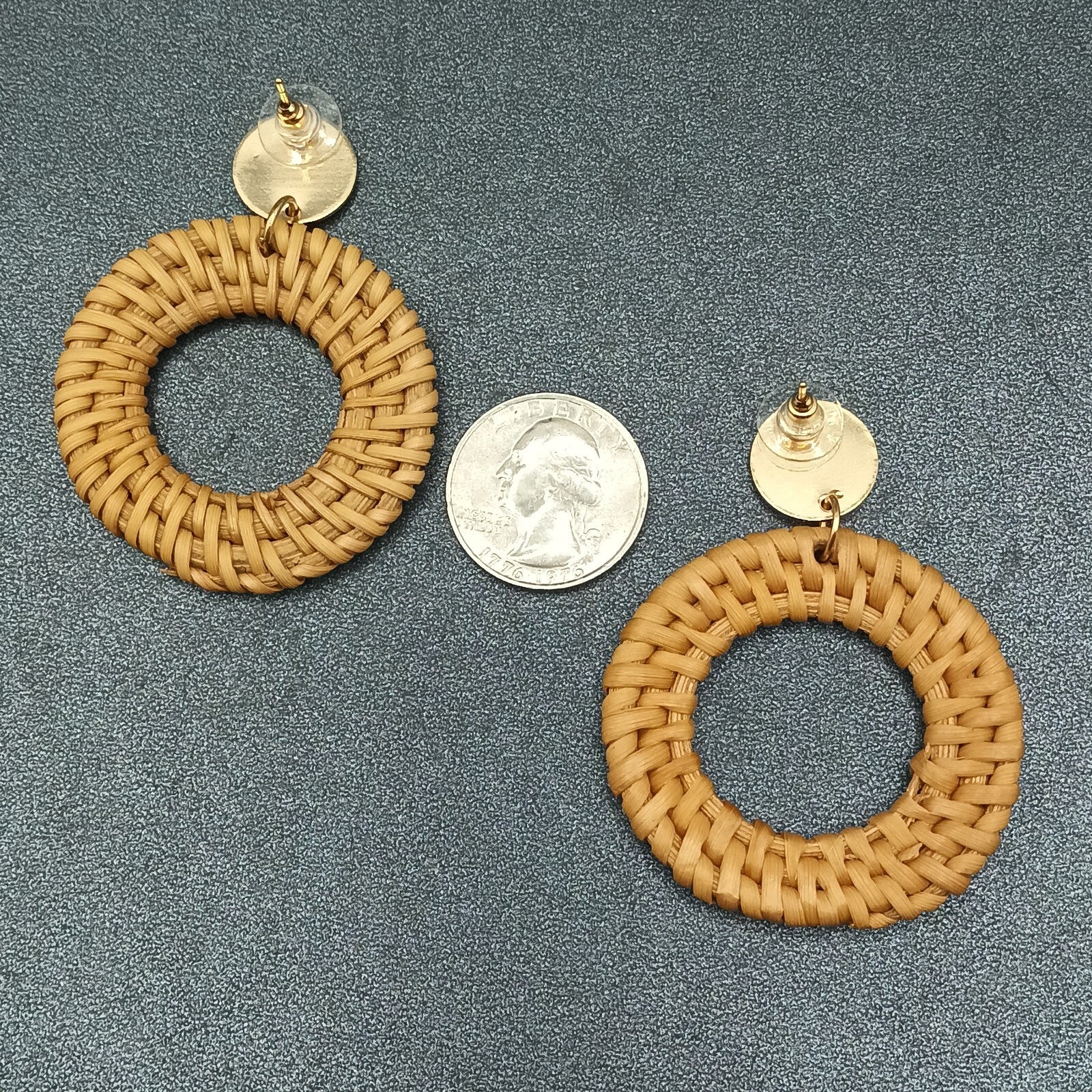 Boho Pierced Earrings Gold tone Rattan Ring Statement Dangle 2 1/2"