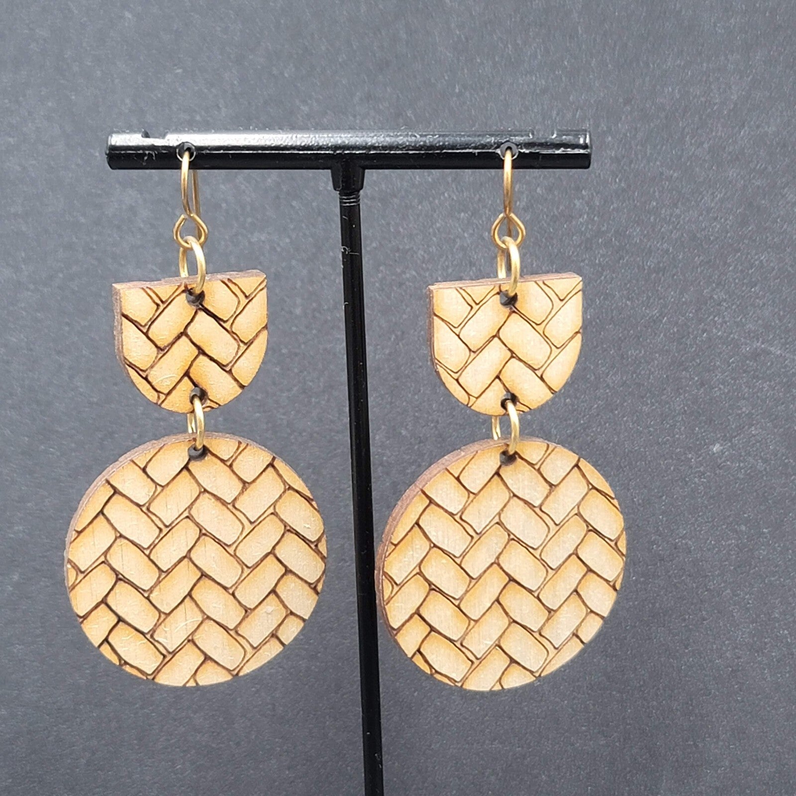 Pierced Earrings Laser Burned Geometric Wood Dangle Statement 2.25"
