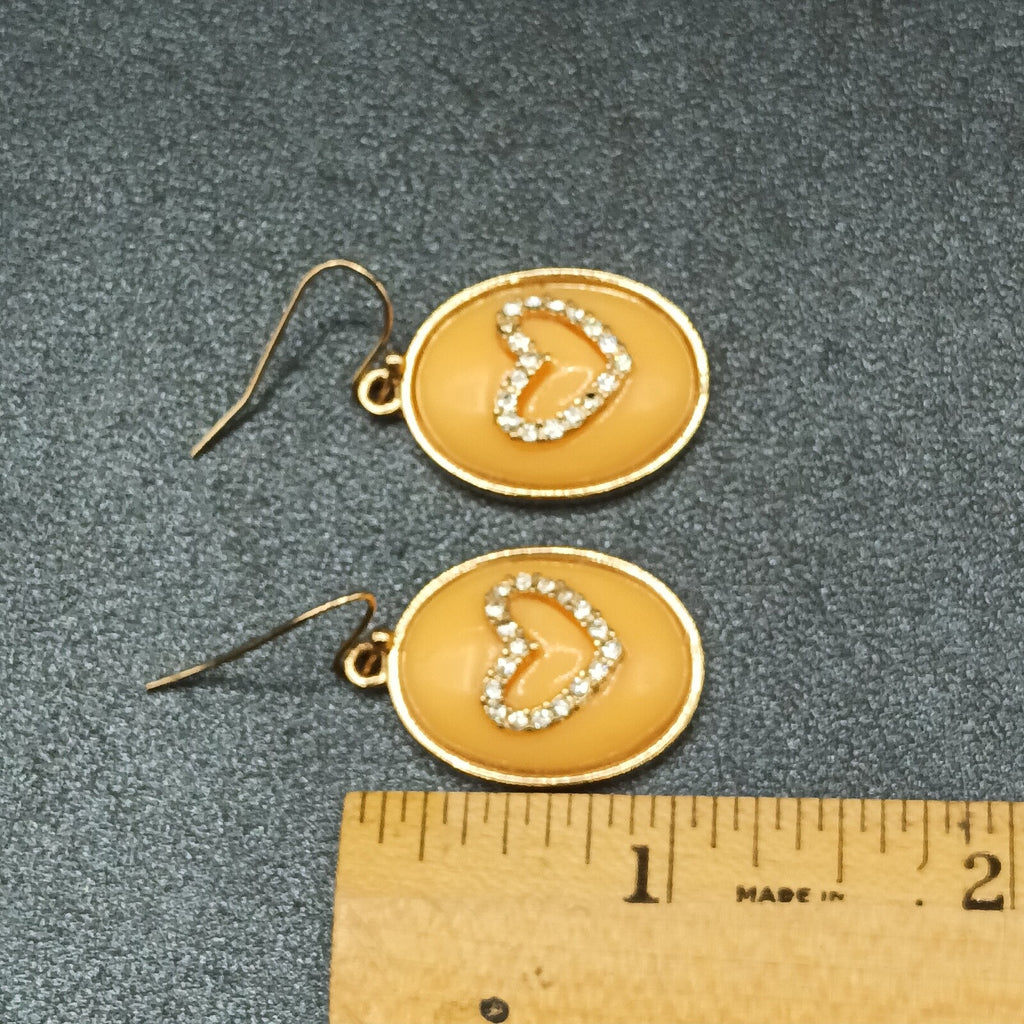 Pierced Earrings Gold tone Peach Color Crystal Heart Dangle 1"