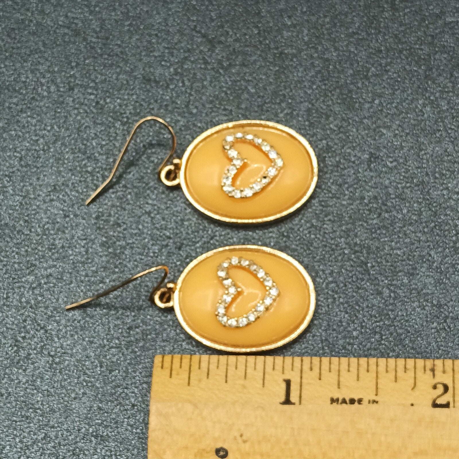 Pierced Earrings Gold tone Peach Color Crystal Heart Dangle 1"