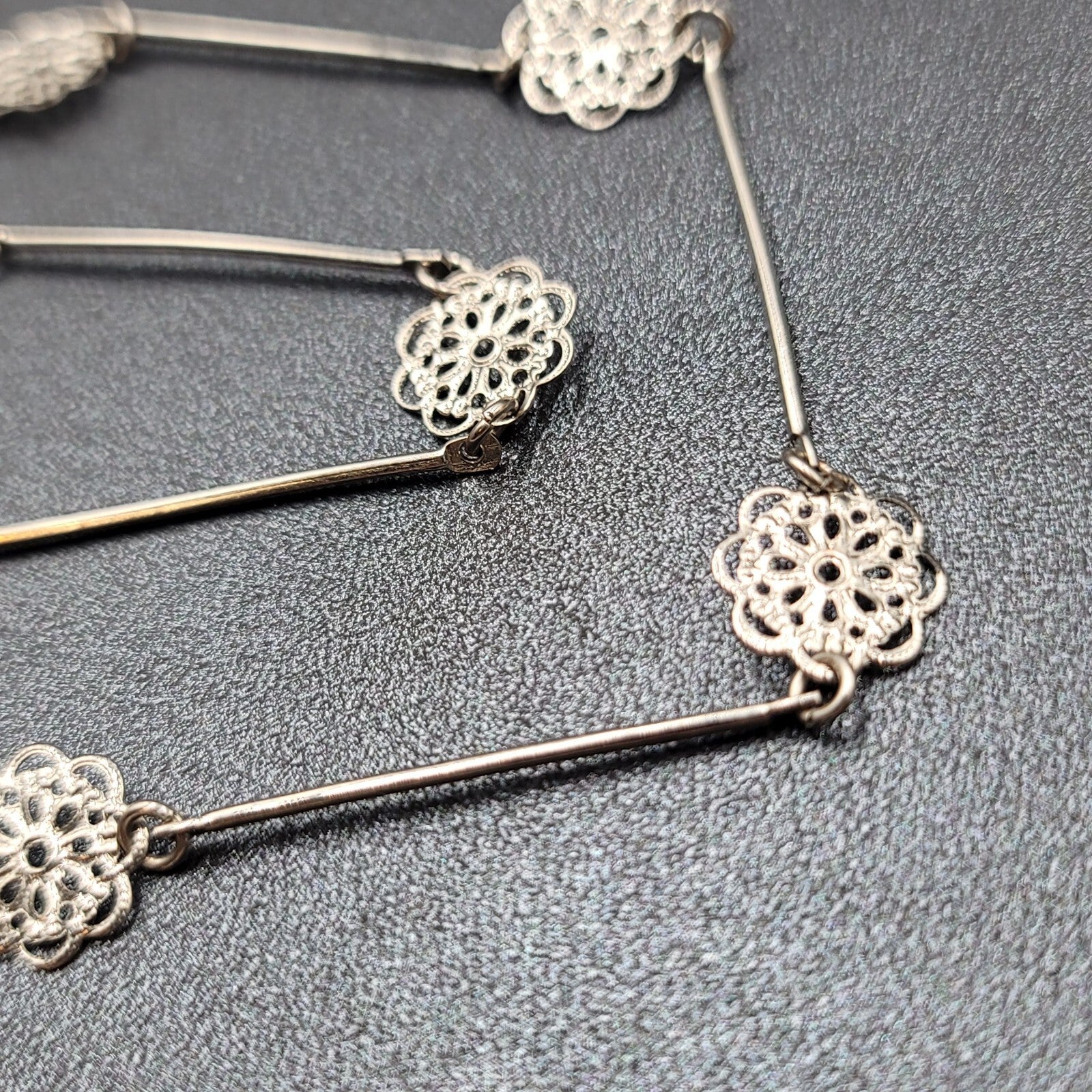Vintage Necklace Silver tone Filigree Flower Station Chain Long 38"