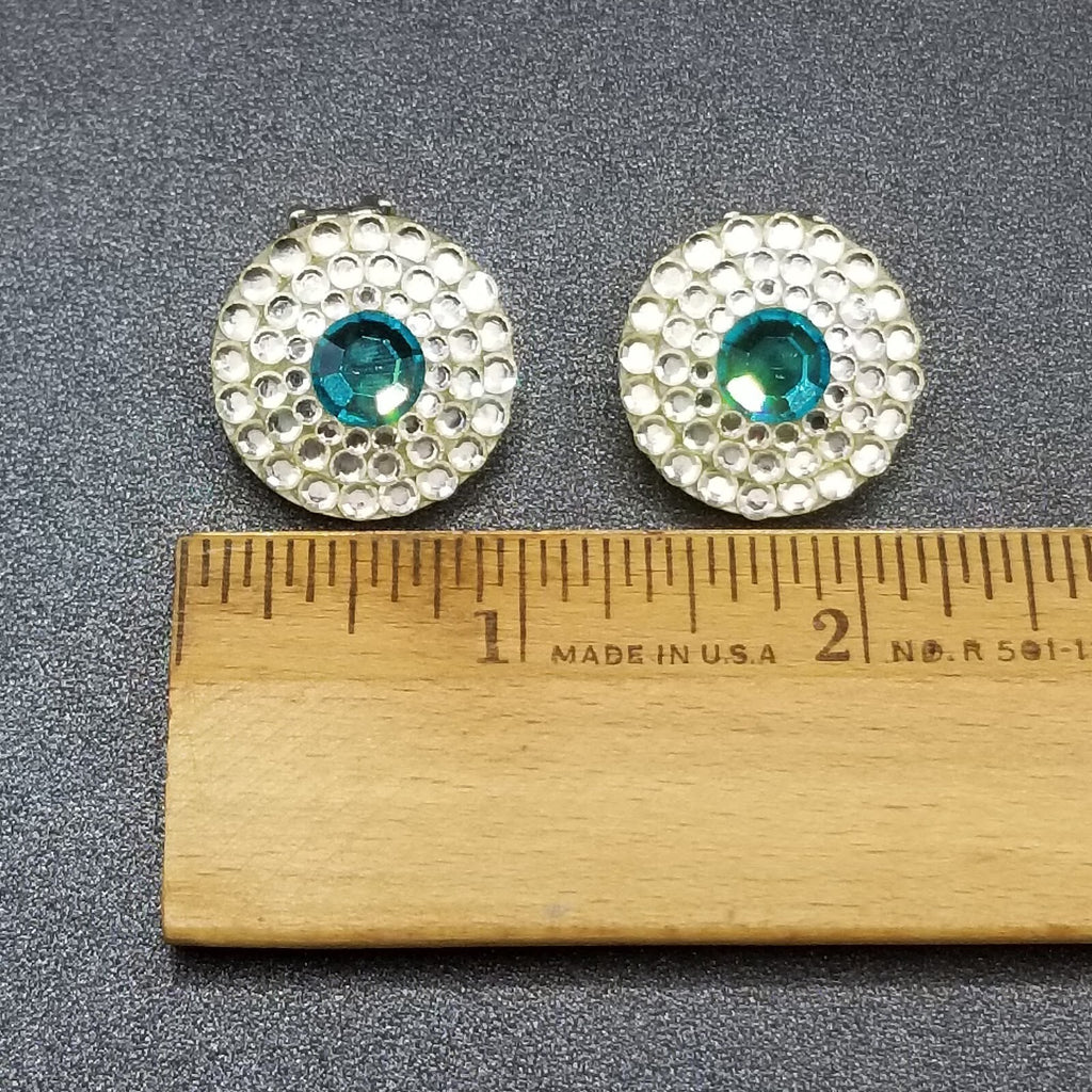 Clip on Earrings Blue Crystal Button Style Stud 7/8"