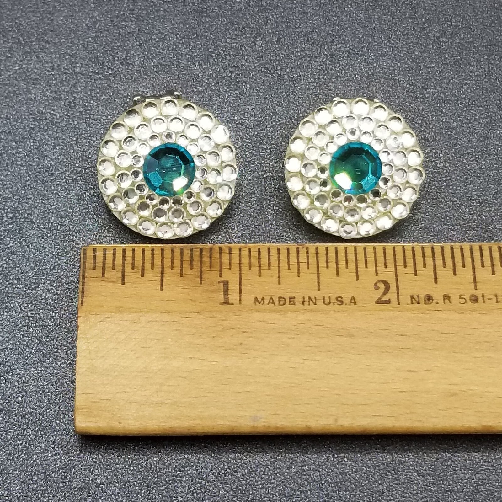 Clip on Earrings Blue Crystal Button Style Stud 7/8"
