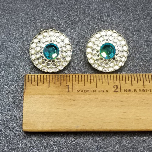 Clip on Earrings Blue Crystal Button Style Stud 7/8"