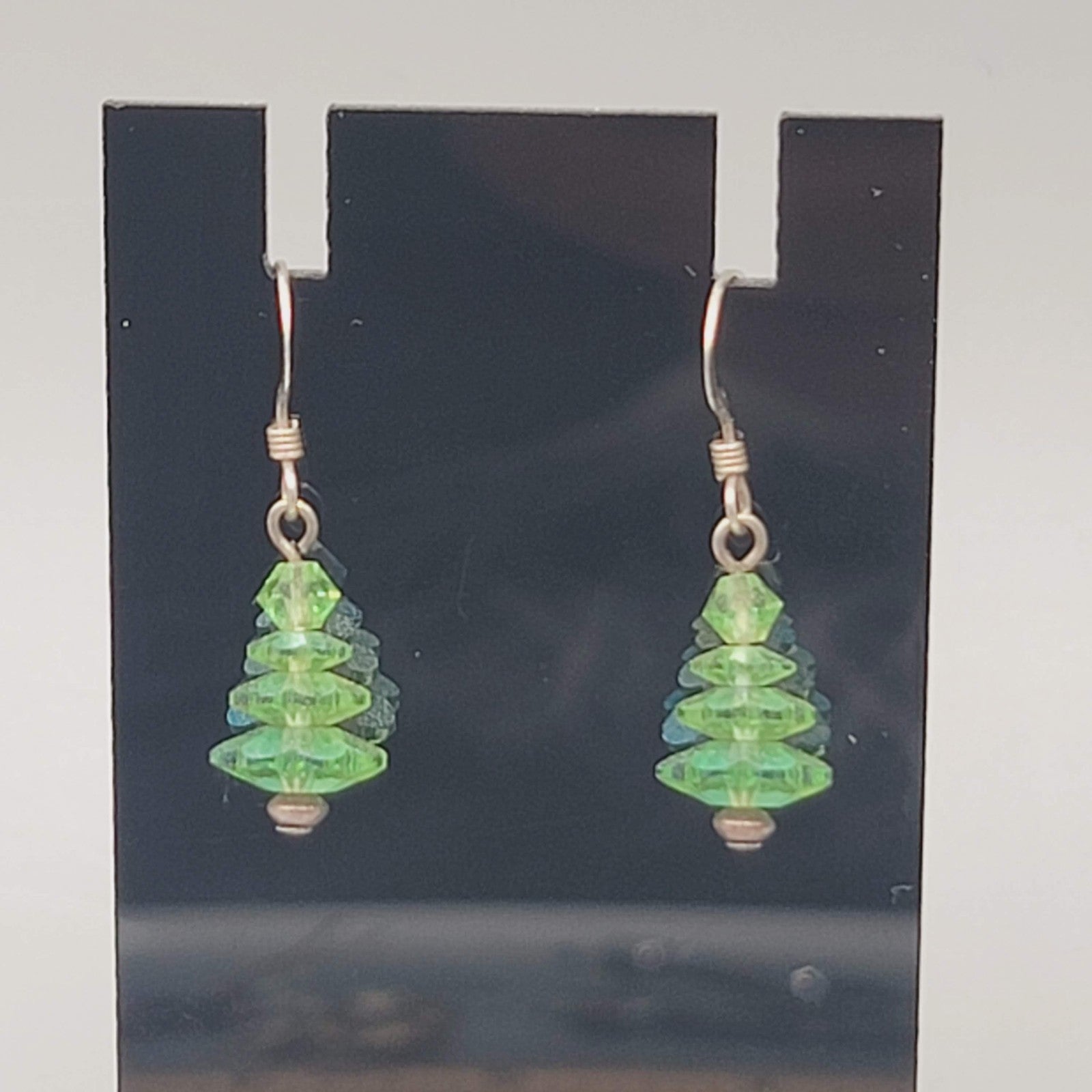 Bead Evergreen Tree Pierced Earrings Crystal Silver tone Dangle 3/4"