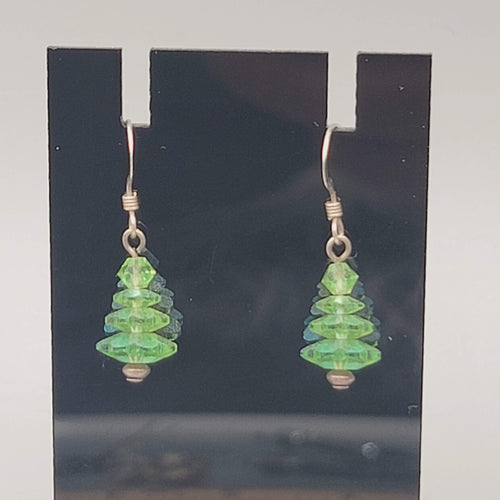 Bead Evergreen Tree Pierced Earrings Crystal Silver tone Dangle 3/4"