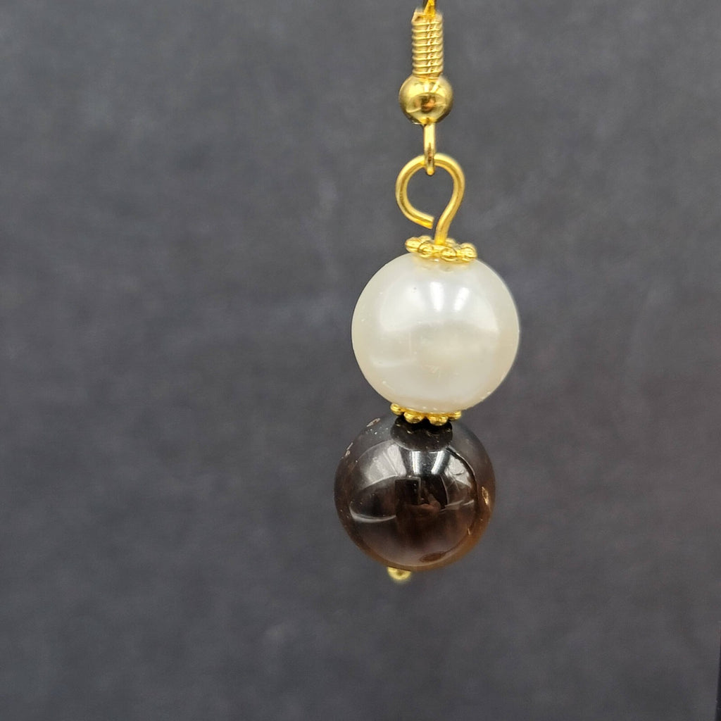 Pierced Earrings Tigers Eye Stone Faux Pearl Bead Dangle 1 1/8"
