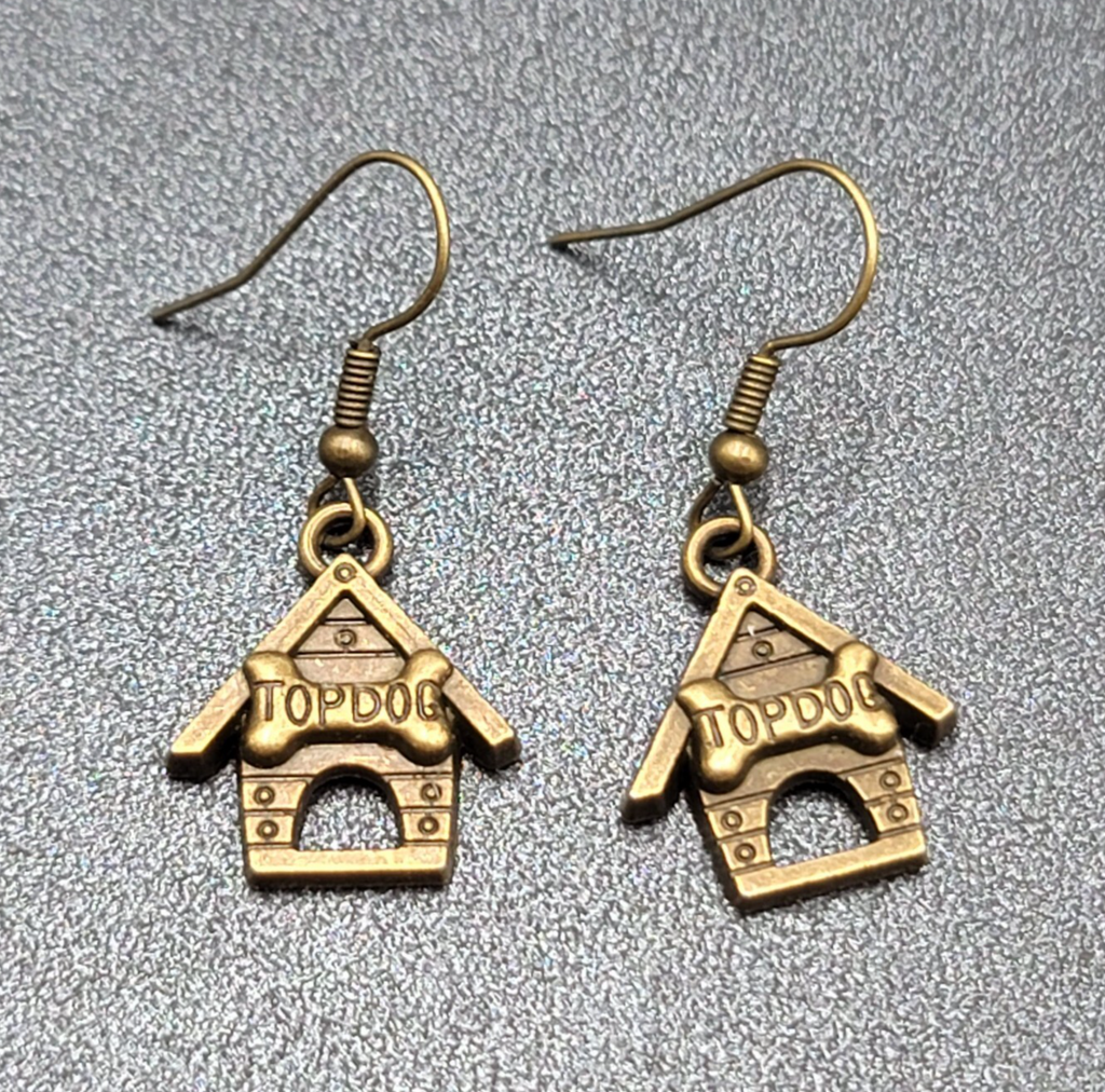 Top Dog Doghouse Pierced Earrings Bronze tone Dangle 3/4"