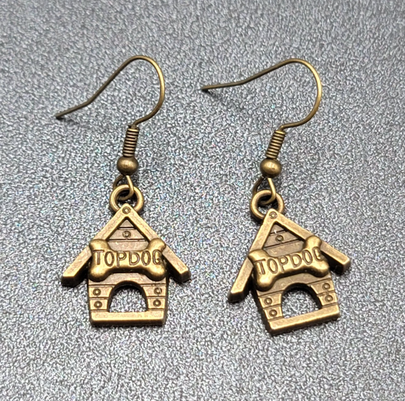 Top Dog Doghouse Pierced Earrings Bronze tone Dangle 3/4"