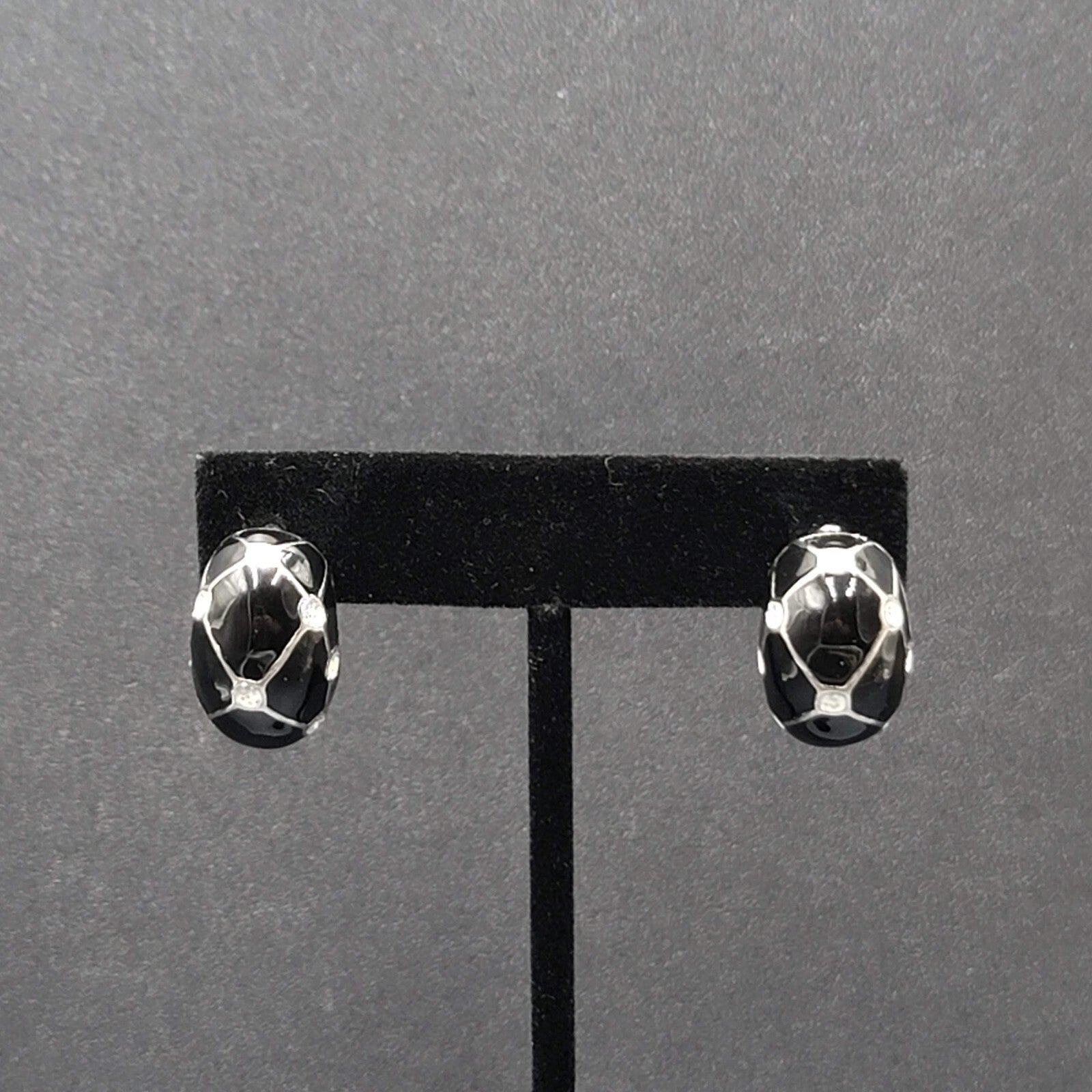 Vintage Pierced Earrings Black Enamel White Glitter Dots Half Hoops 7/8"