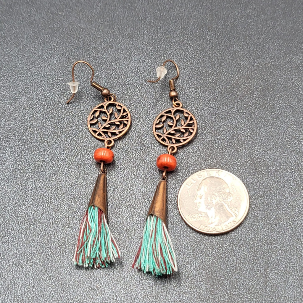 New Boho Pierced Earrings Copper tone Blue Tassel Red Bead Dangle 2.75"
