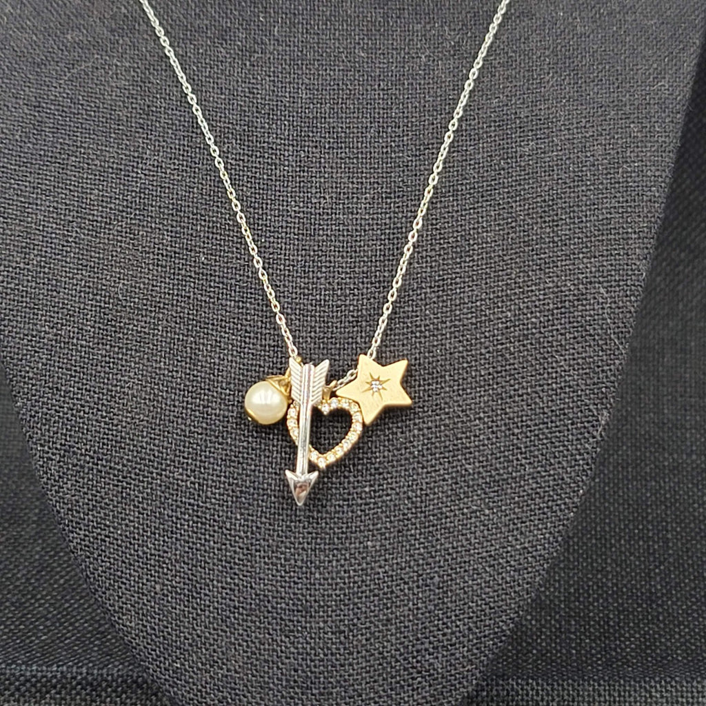 Fossil Charm Pendant Necklace Silver tone Heart Arrow Star Crystals 16"-18"