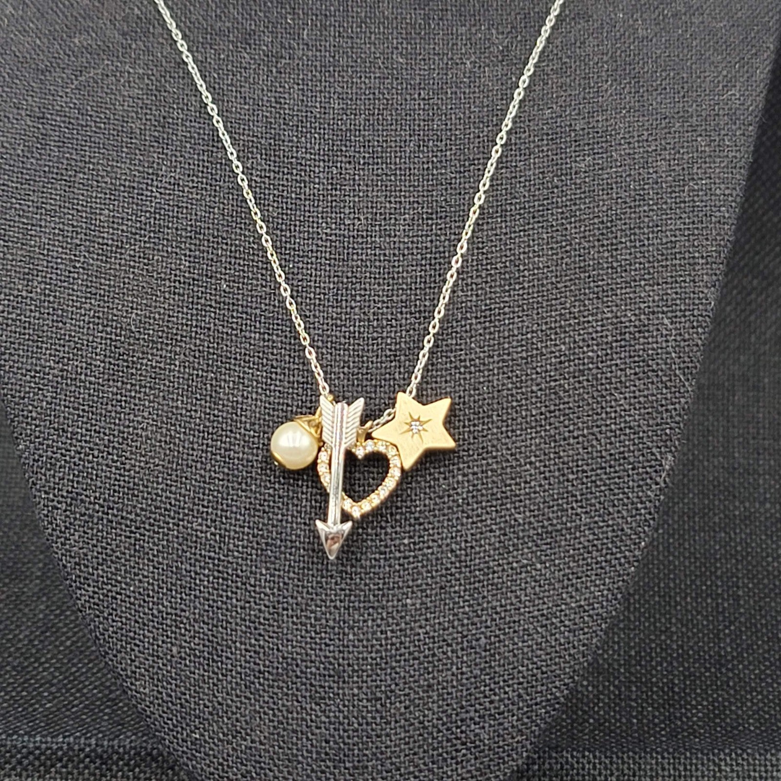 Fossil Charm Pendant Necklace Silver tone Heart Arrow Star Crystals 16"-18"