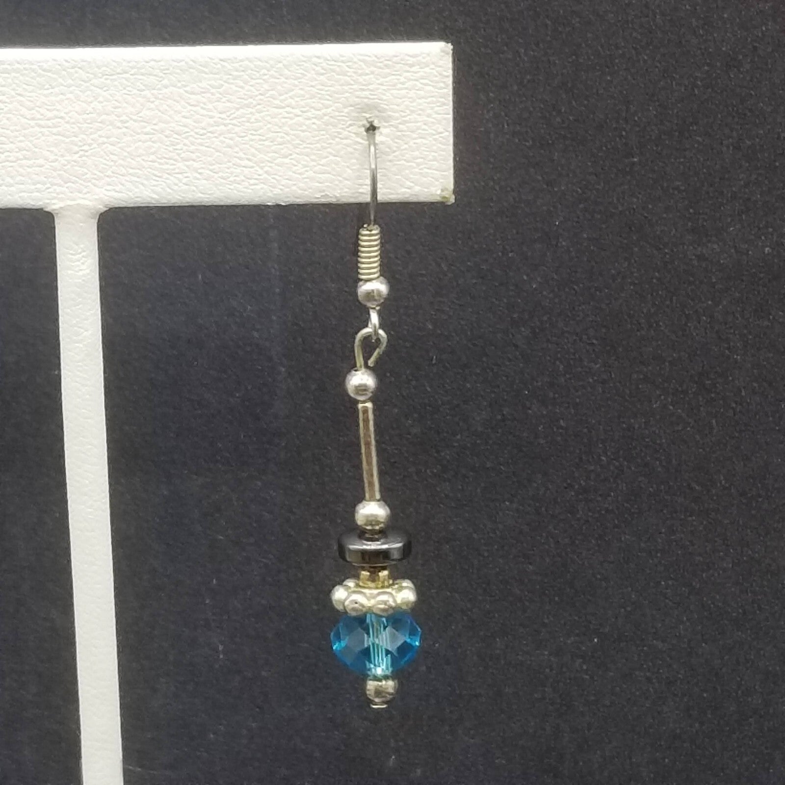 Pierced Earrings Silver tone Blue Faceted Crystal Hematite Bead Dangle 1 1/4"