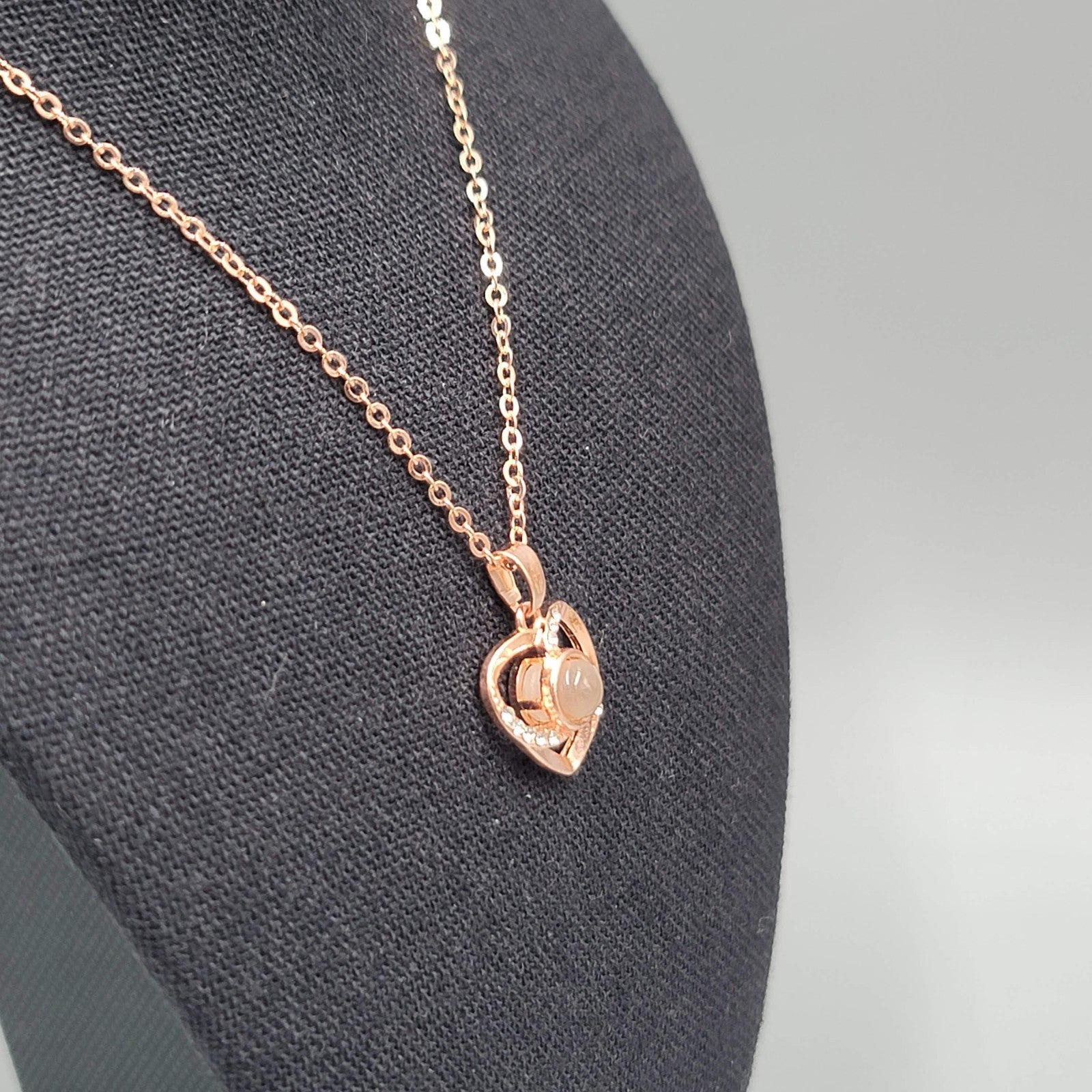 I LOVE YOU in 100 Languages Light Projection Heart Necklace Rose Gold tone 16"+