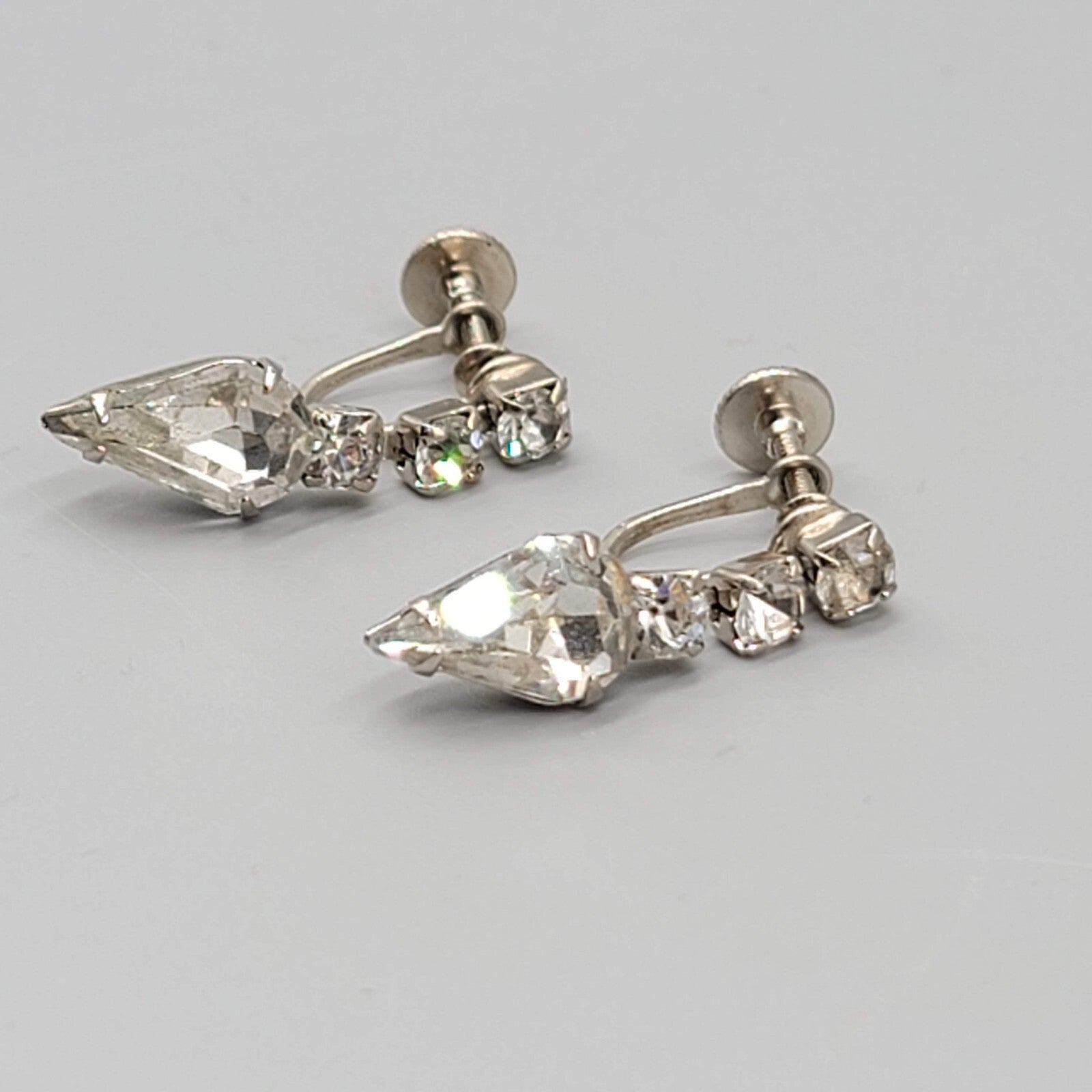 Vintage Rhinestone Clip on Earrings Silver tone Screw Back Drop 1 1/8"
