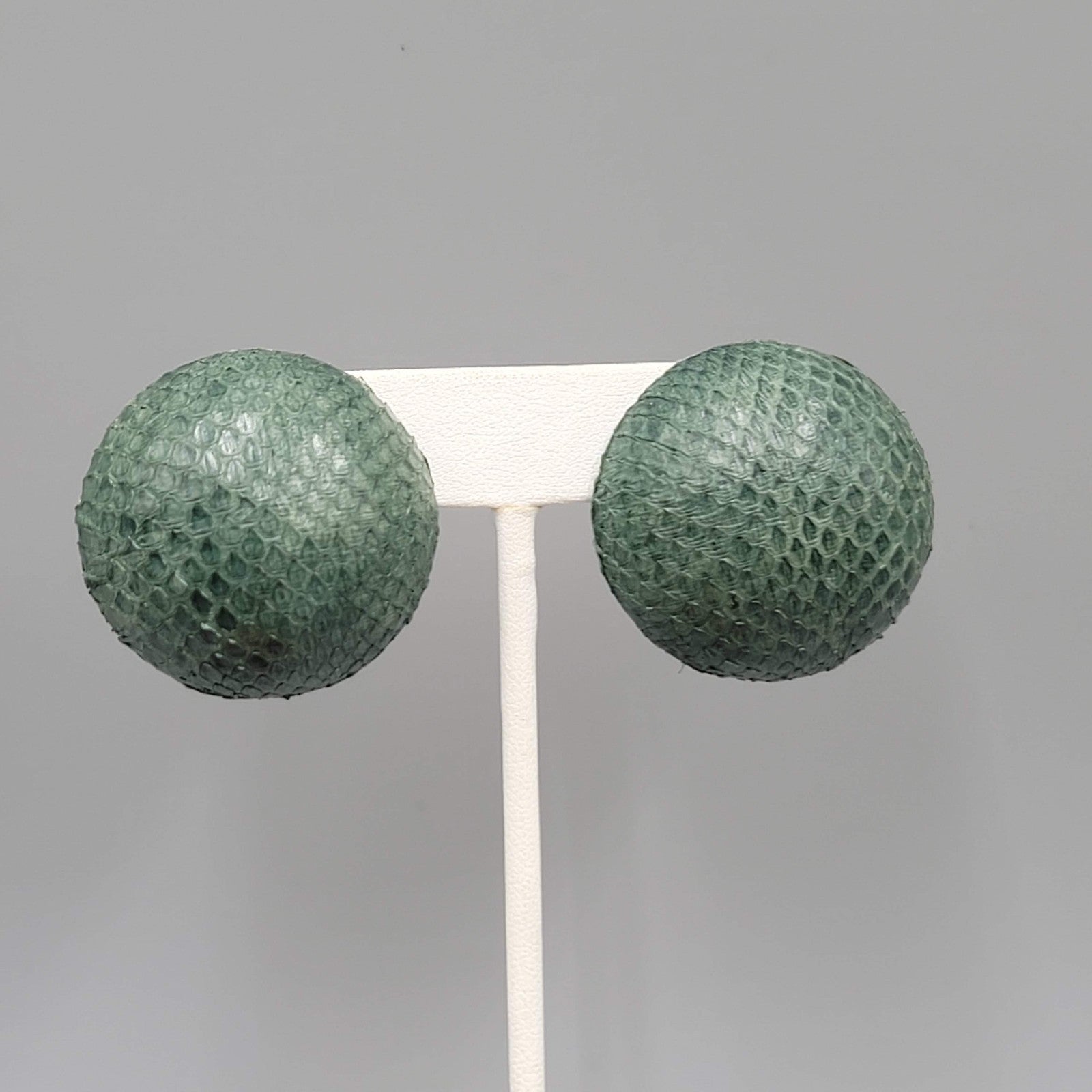 Vintage Green Faux Snake Skin Pierced Earrings Large Dome Statement 1.25 in