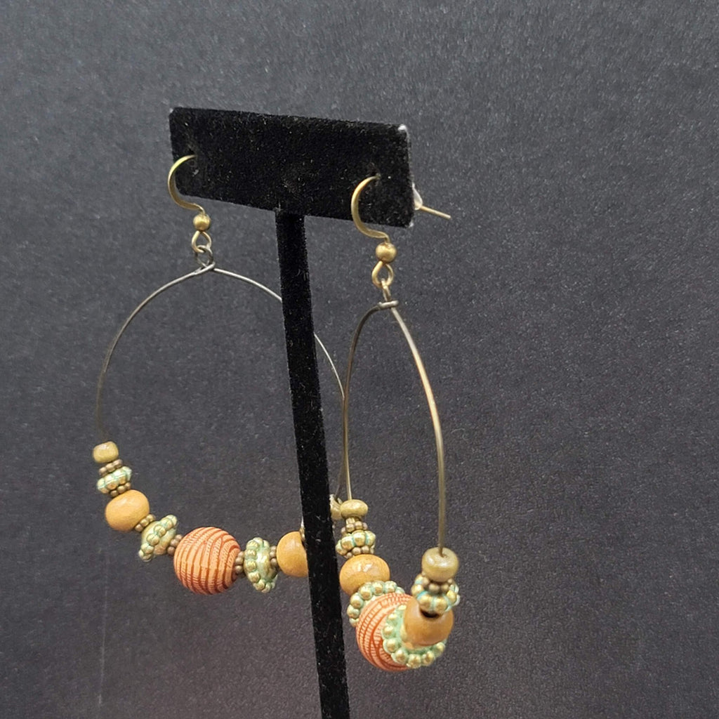 New Boho Pierced Earrings Gold tone Green Accent Wood Beaded Hoops 2"