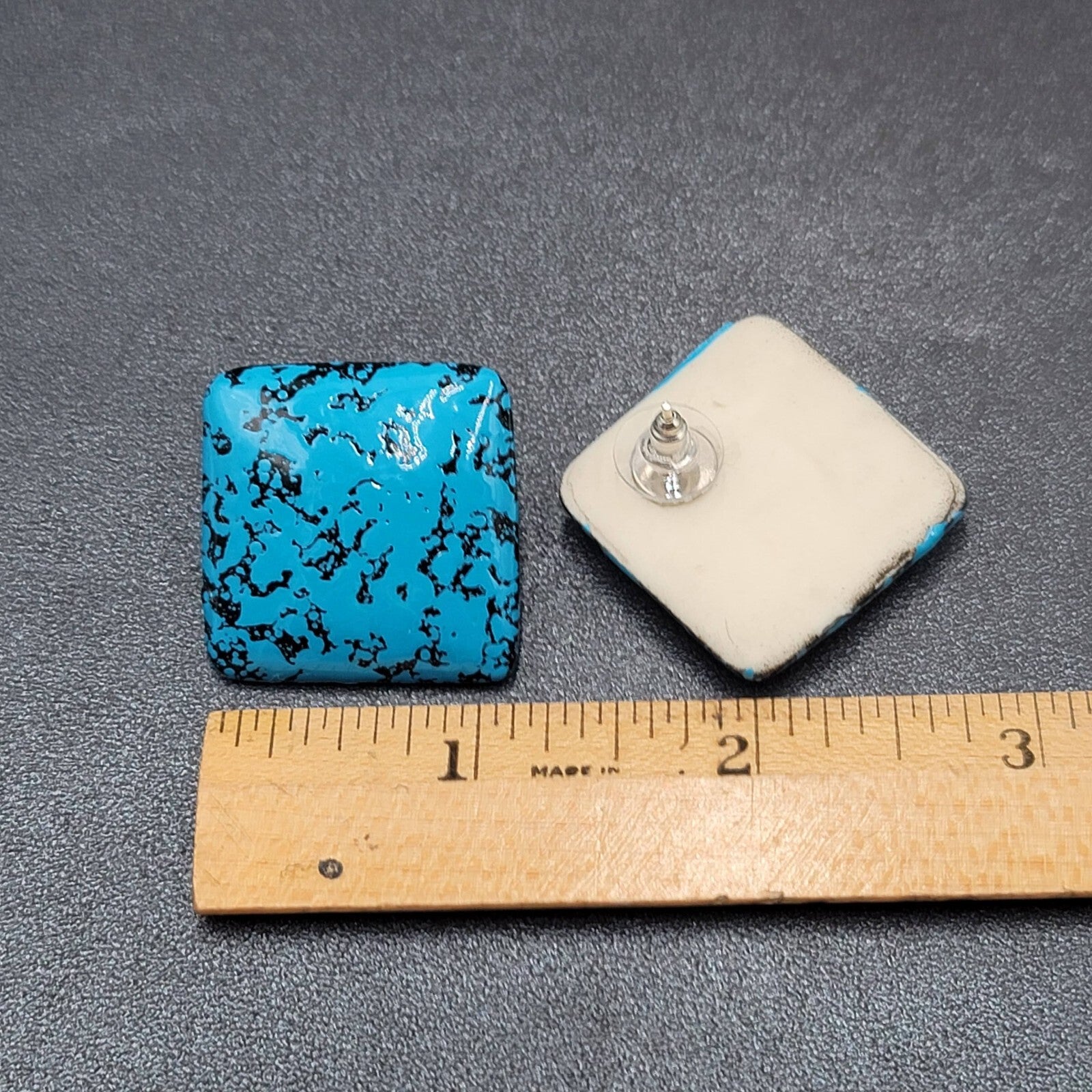 Vintage Pierced Earrings Acrylic Black Blue Enamel Statement Square Drop 1 1/8"