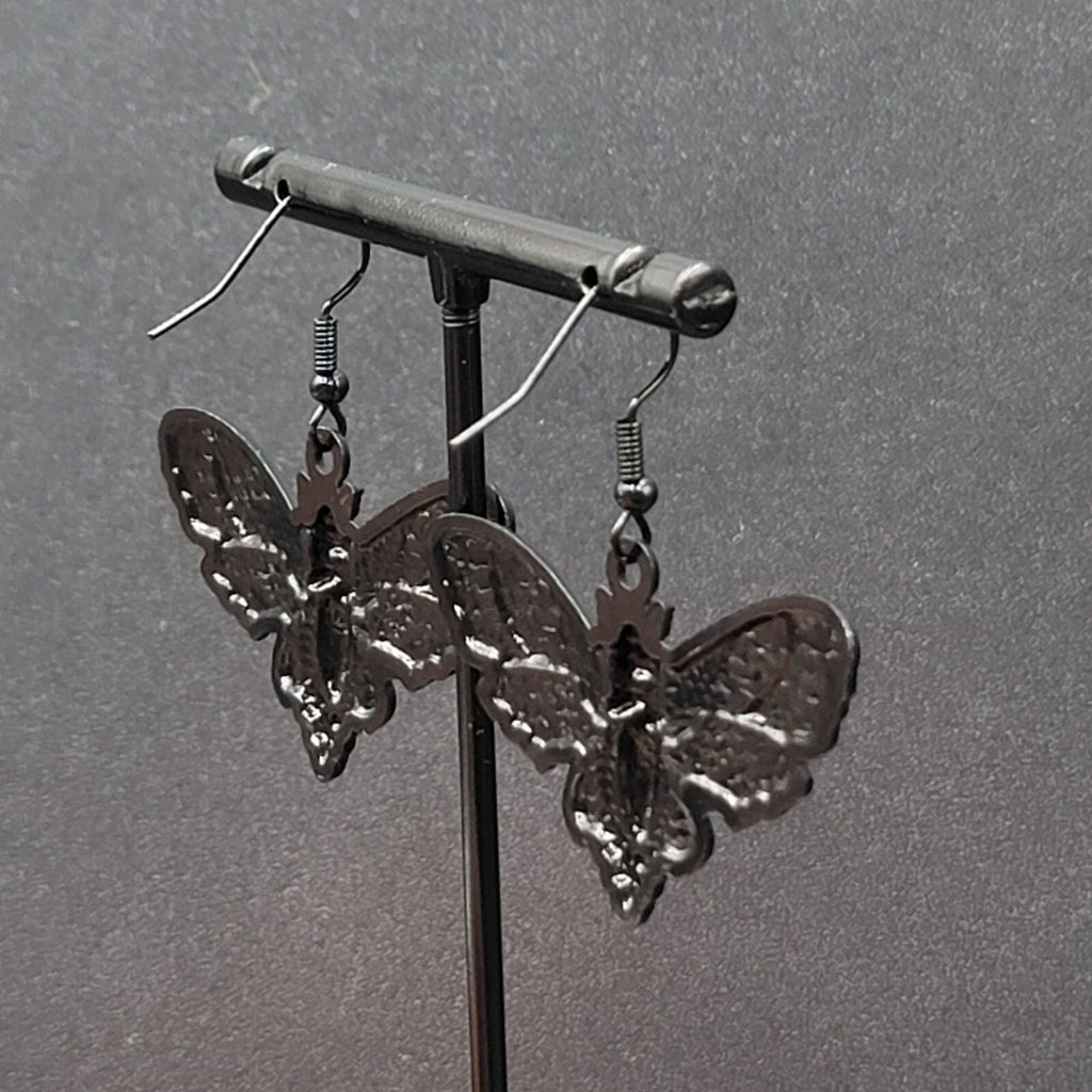 Death Head Moth Pierced Earrings Black Enamel Dangle 1" x 1 5/8" 
