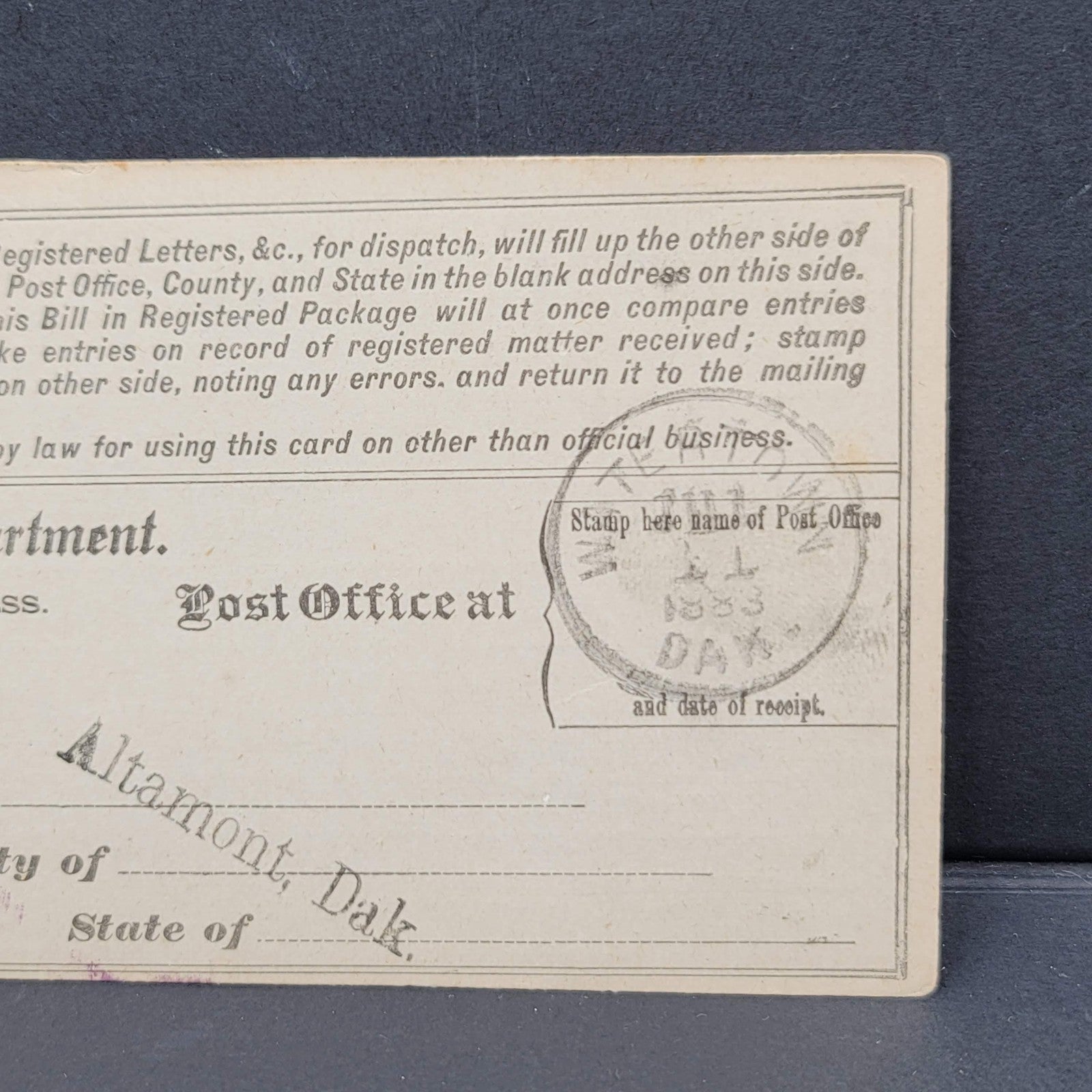 1883 U.S. Post Office Department Registry Bill Postal Card Altamont Dakota Brown