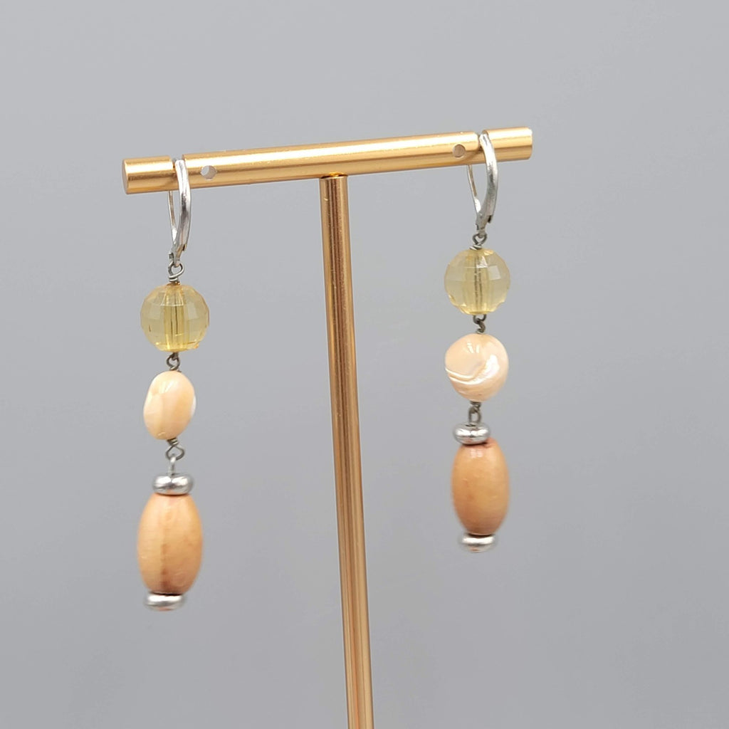 Shell and Wood Bead Pierced Earrings Silver tone Dangle 2 in