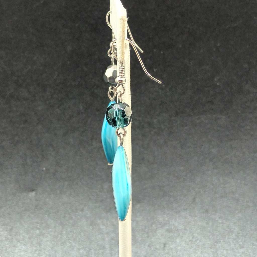 Pierced Earrings Silver tone Hook Blue Shell Geometric Beaded Dangle 1 5/8"