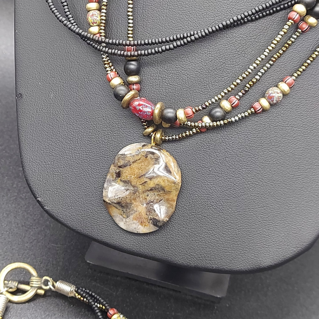 Necklace Bracelet Set Multi Strand Seed Bead Acorn Charms Stone Pendant
