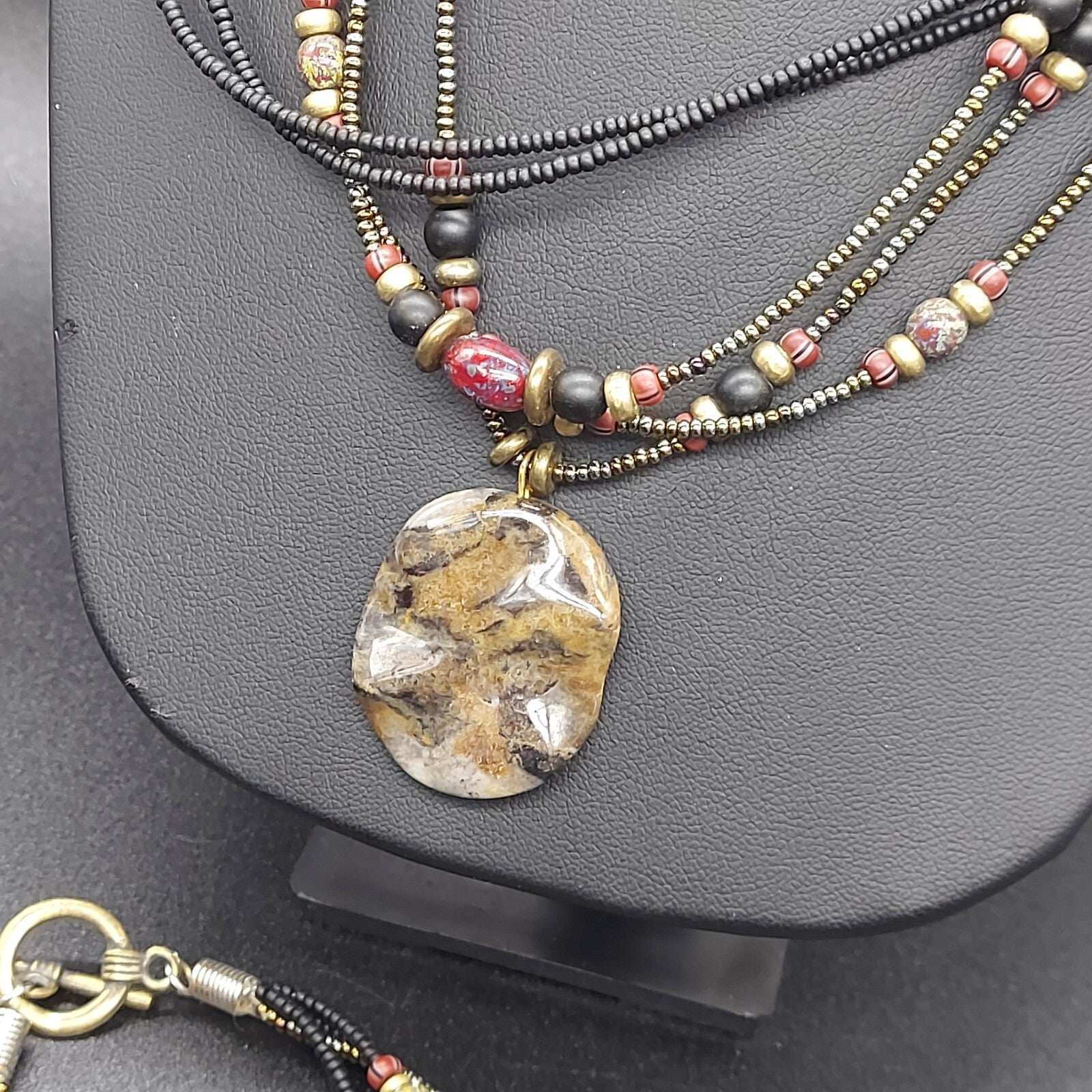 Necklace Bracelet Set Multi Strand Seed Bead Acorn Charms Stone Pendant