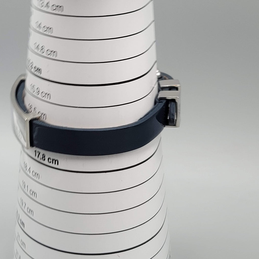 ANN ID Name Rustic Cuff Bracelet Silver Tone Navy Blue Leather RC Buckle Adj