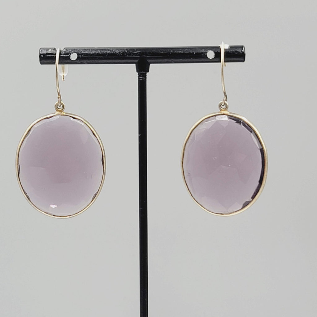 Pierced Earrings Gold tone Large Purple Faceted Glass Oval Dangle 1 3/8"
