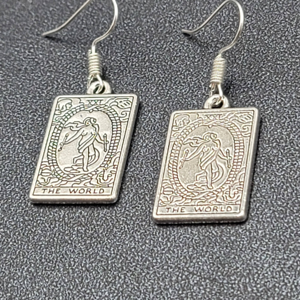 The WORLD Tarot Card Pierced Earrings Silver tone 1"